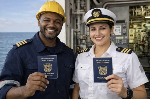 Oficiais marítimos com suas libretas de embarque do Panamá